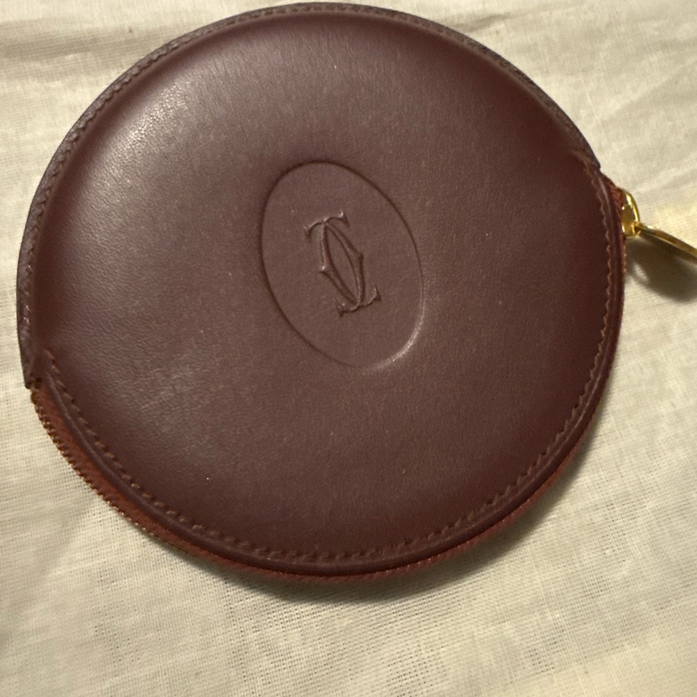 Cartier Logo Burgundy Leather Round Coin
Purse Wallet Authentic